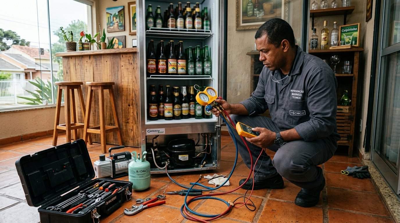 Técnico realizando manutenção de motor de cervejeira em Viamão‑RS