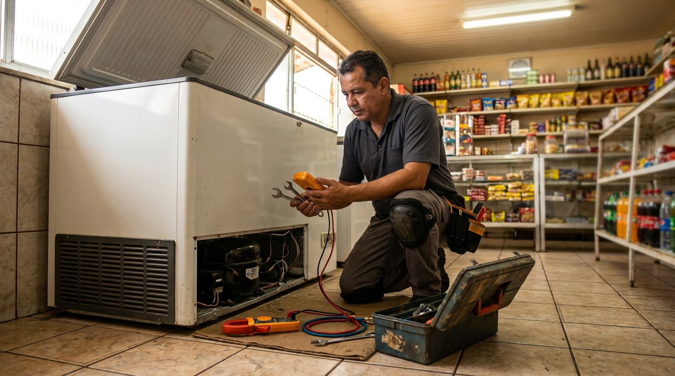 Técnico realizando manutenção de motor de freezer em Viamão‑RS