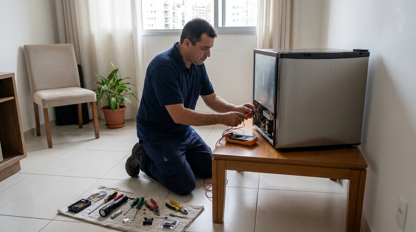 Técnico realizando manutenção de motor de frigobar em Viamão‑RS