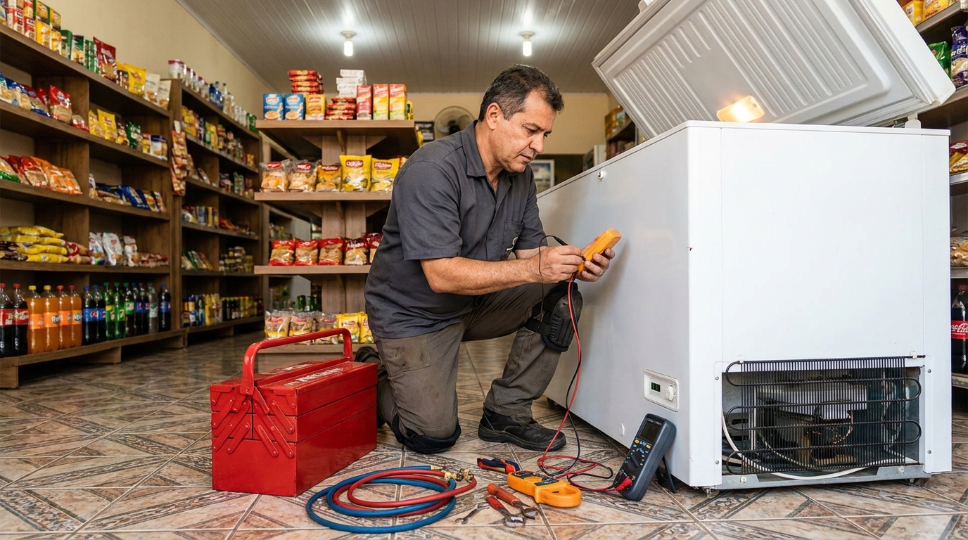 Recarga de gás refrigerante em freezer em atendimento em Viamão‑RS